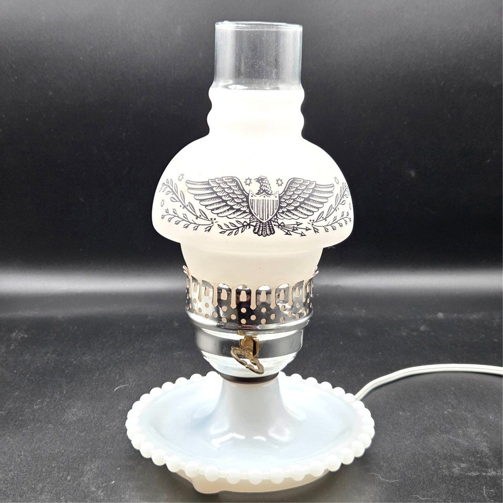 Vintage Milkglass Hurricaine Lamp with American Eagle on Shade 10" Tall